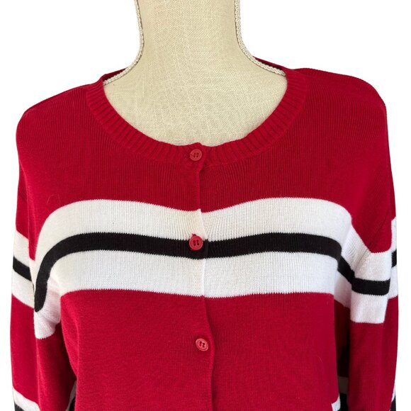 Good Clothes Red Black White Cotton Striped 3/4 Sleeve Cardigan L - Picture 2 of 7